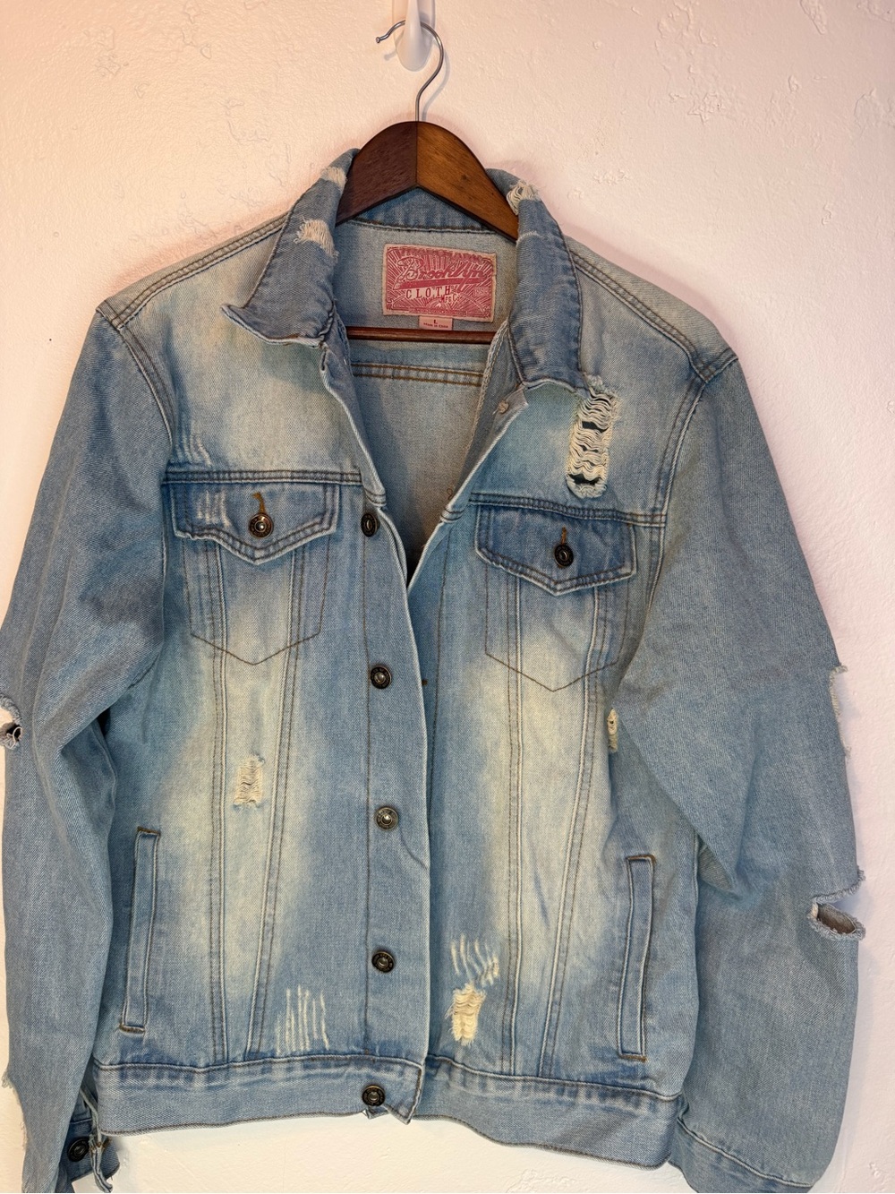 Faded Light Blue Distressed Denim Jacket sz Large